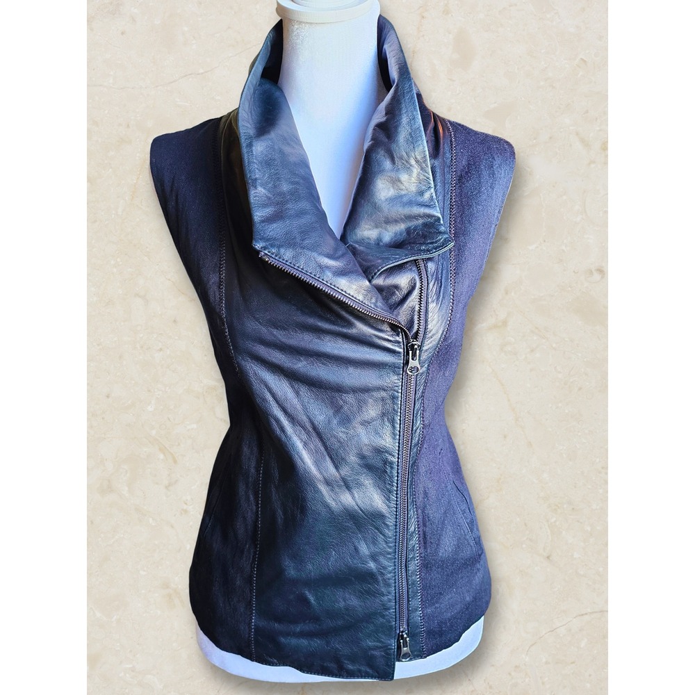 Vince Leather Linen Asymmetrical Moto Vest Black Womens S Designer Biker V1781